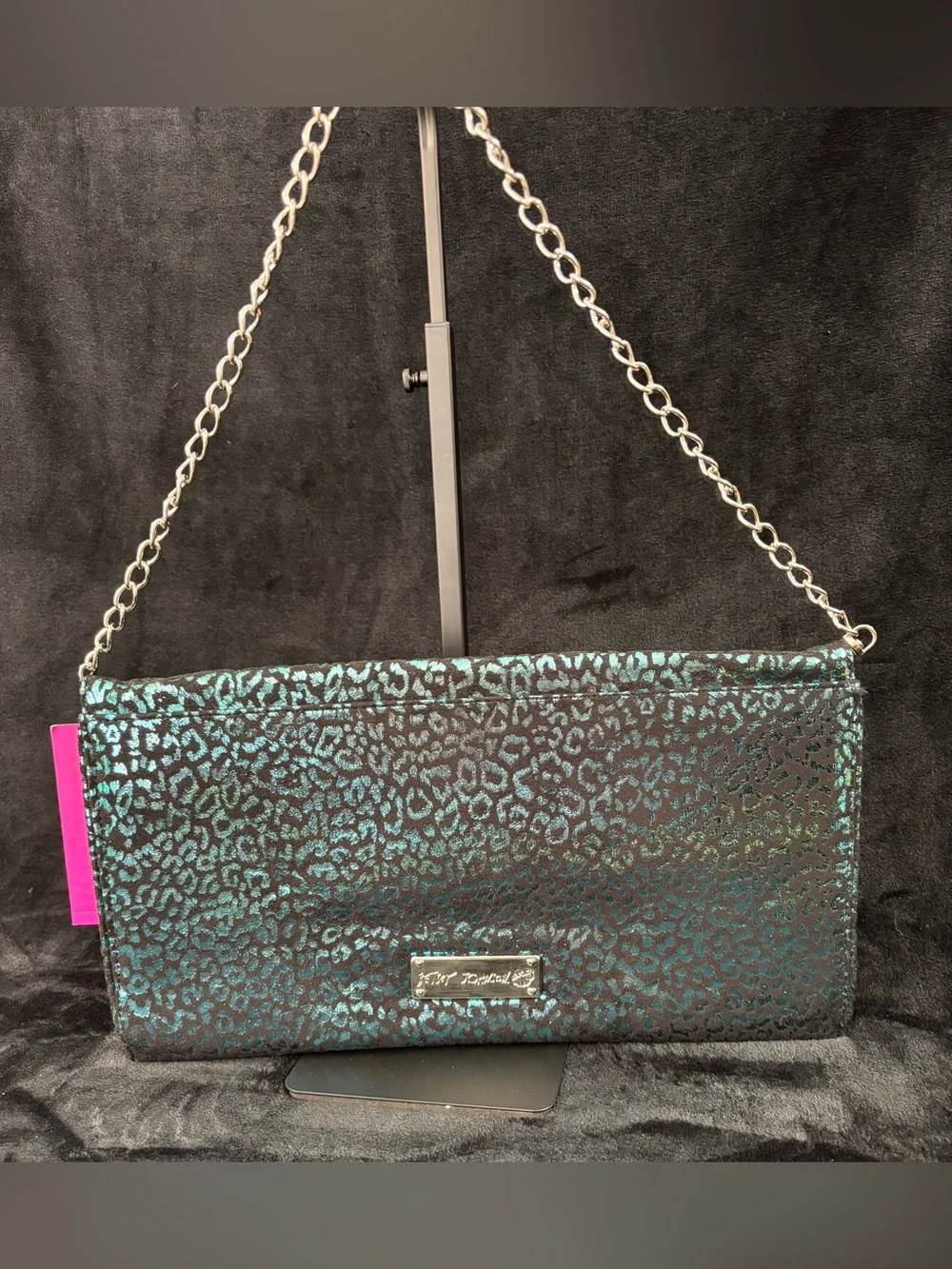 NWT Betsey Johnson Pyramid Safari Blue Leopard Y2K Large Clutch